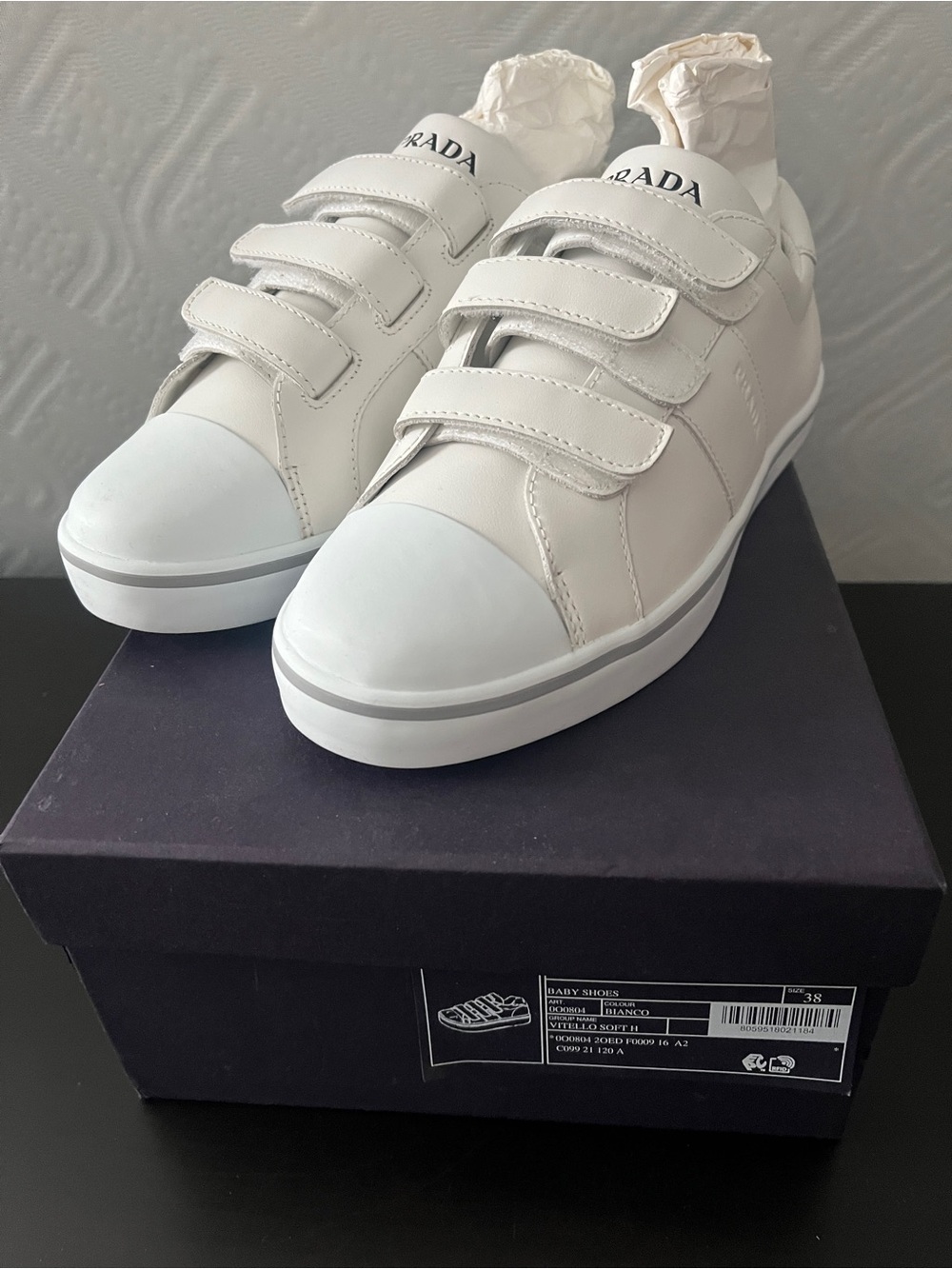 Authentic Prada Vitello Soft Leather Strap Sneakers - White (EU 38)